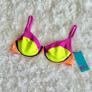 NWT One one lupita Neon Colorblock Bikini Top Pink Lime & Coral underwire montce
